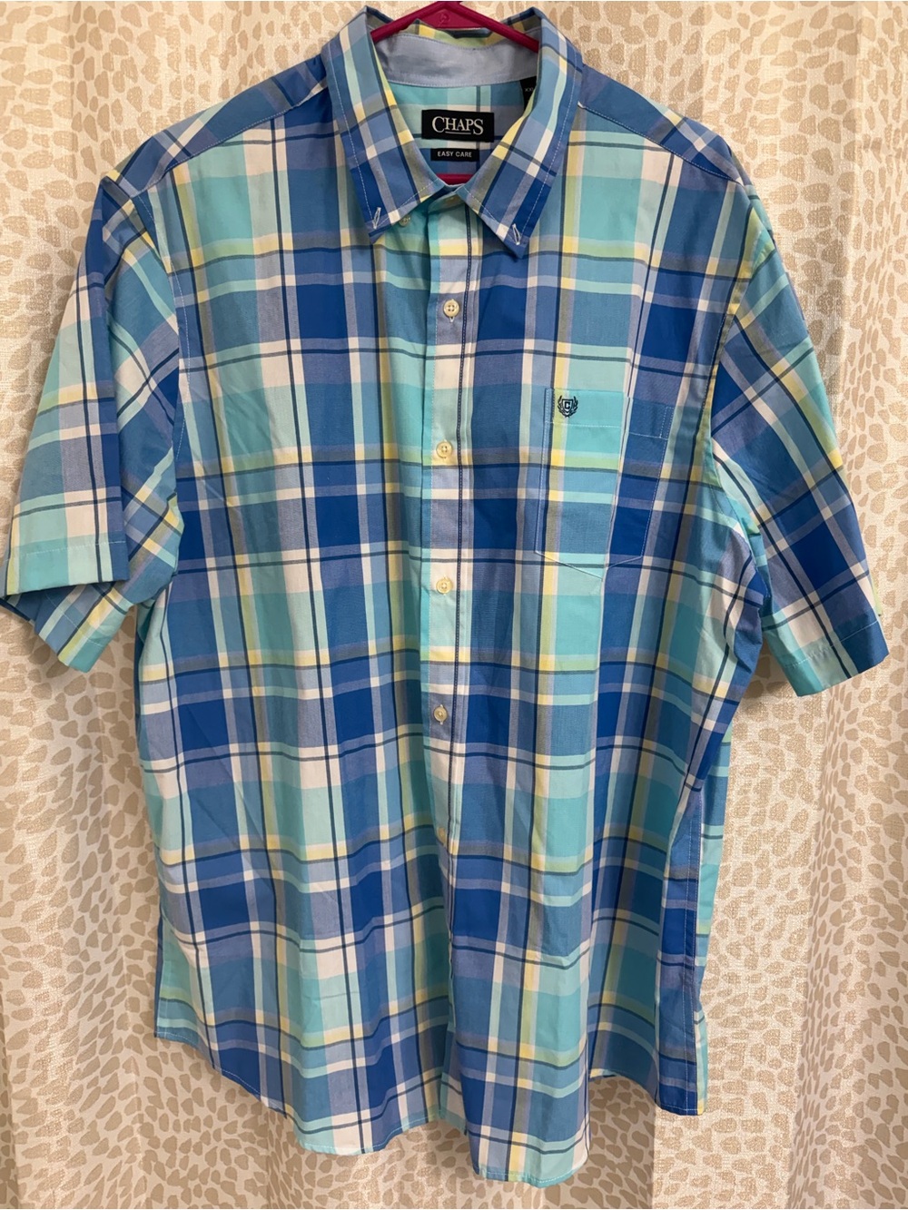 Chaps Blue and White Plaid Short Sleeve Button-Down Shirt